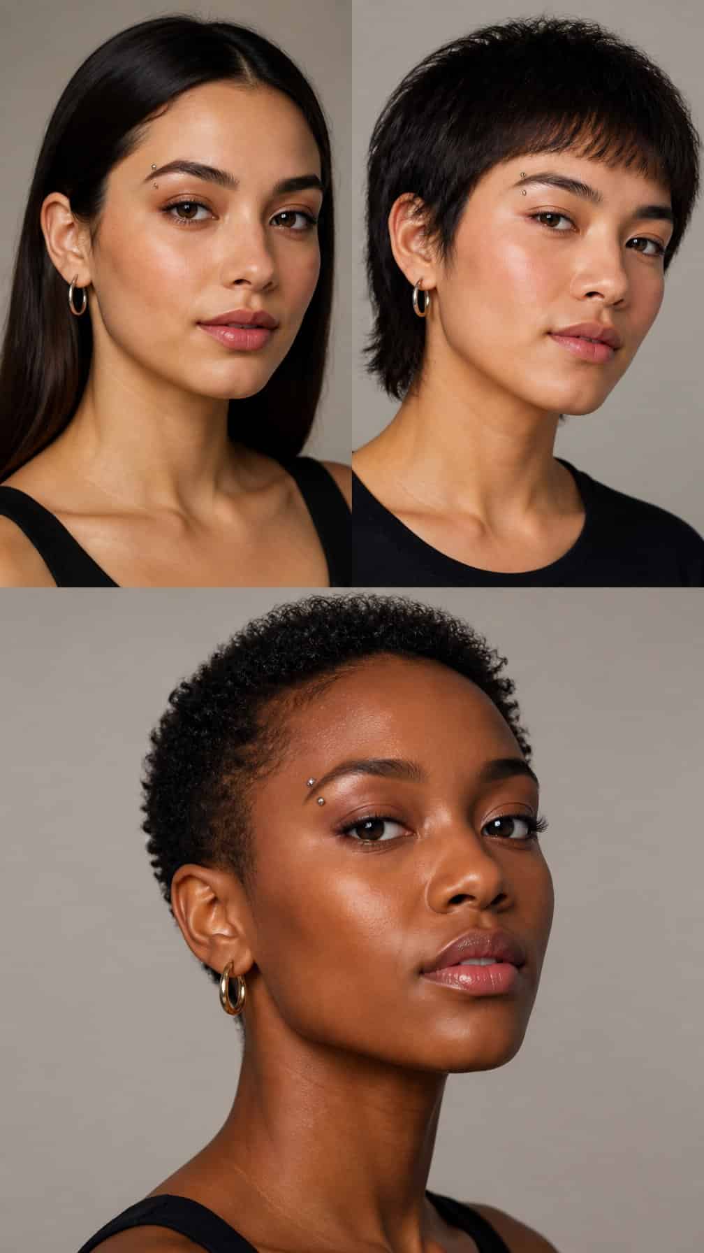 Three adults with different face shapes and eyebrow piercings pose in a beauty studio.