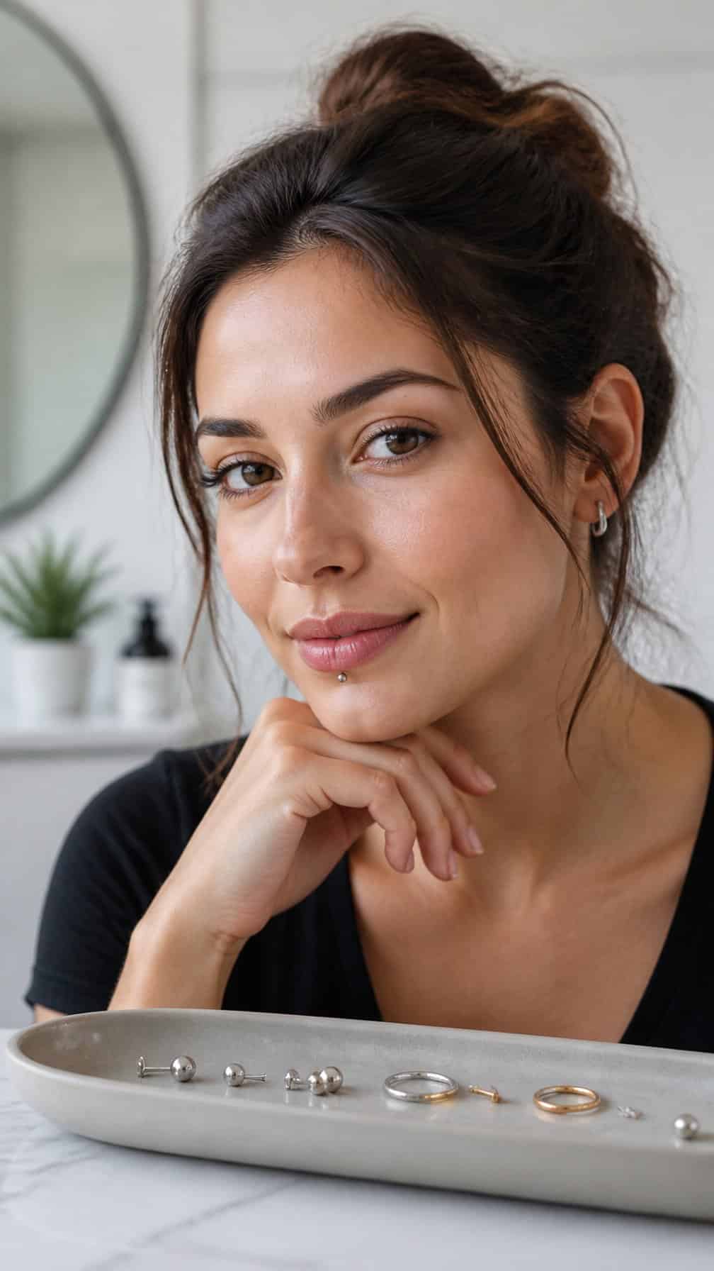 A woman with a small lower-lip piercing sits beside a tray of simple jewelry pieces.