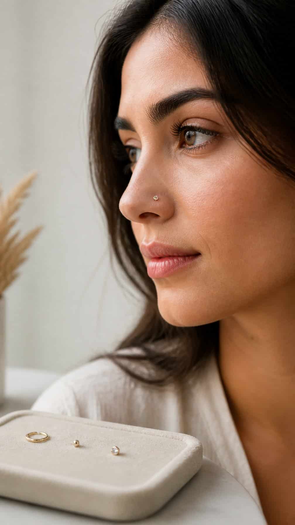 Close-up portrait of a person with a small nose stud, with several simple jewelry options nearby.