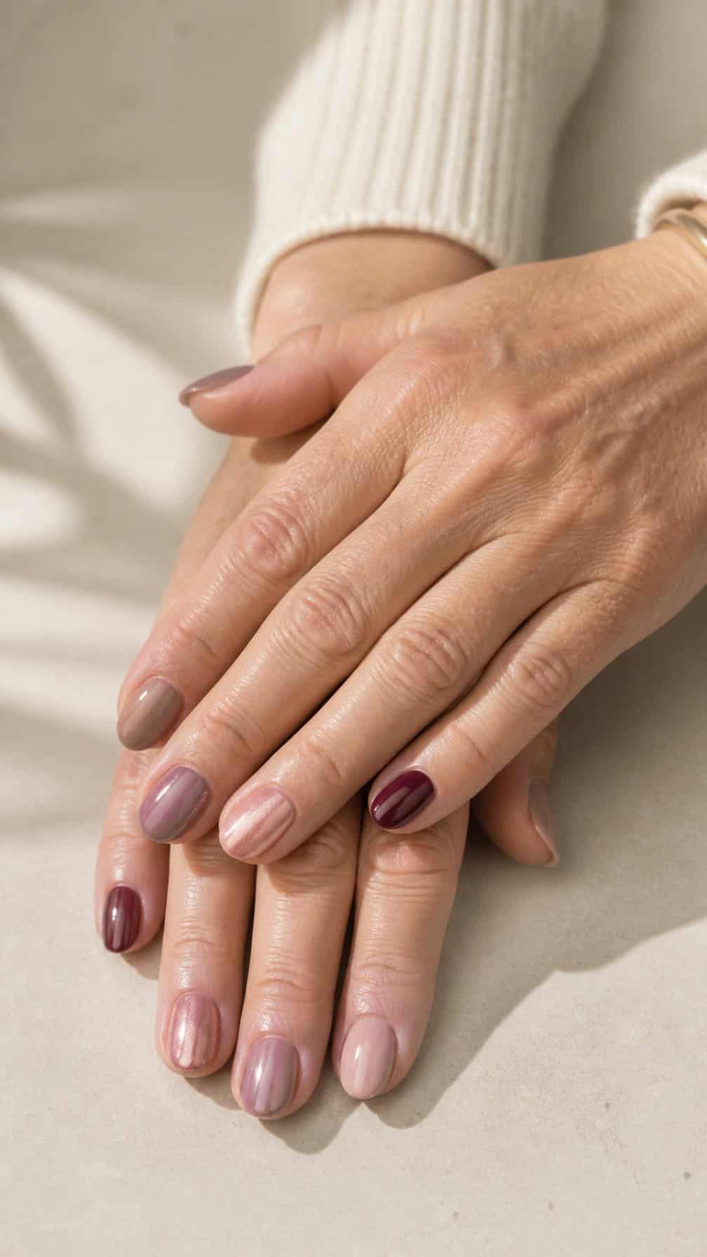 Close-up of mature hands with elegant muted-color manicured nails resting on a neutral surface.