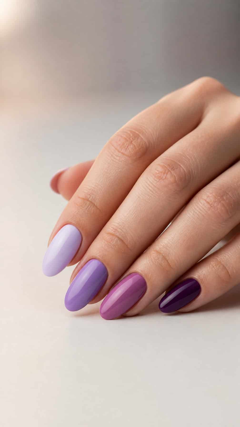 A manicured hand displaying nails in a range of purple shades from lilac to deep plum.