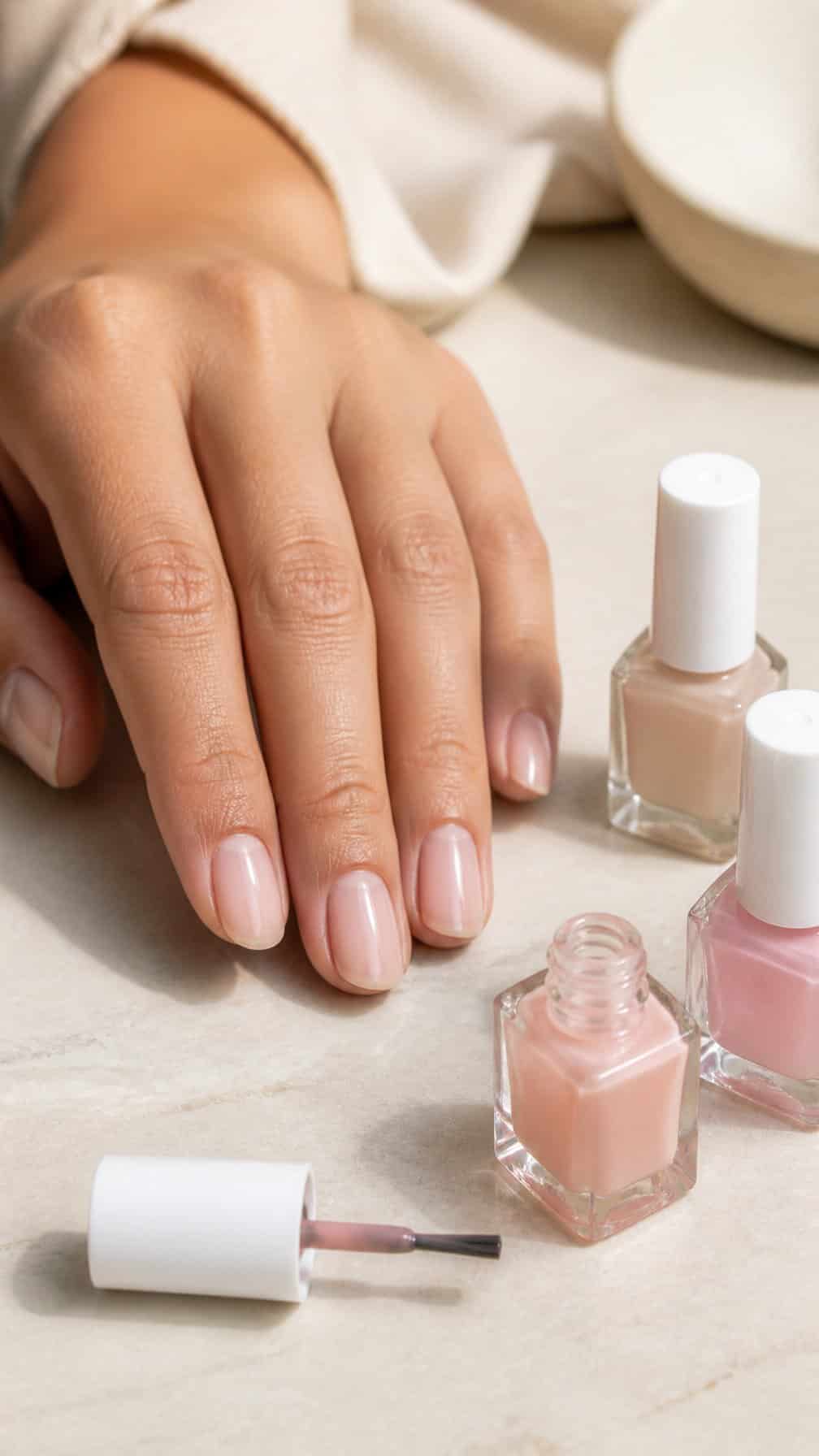 A hand with sheer nude manicured nails beside several unbranded nail polish bottles.