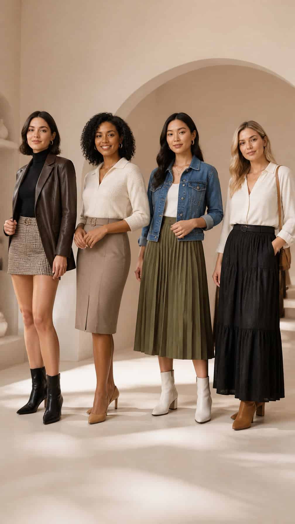 Four women model mini, knee-length, midi, and maxi skirt outfits in a bright studio.