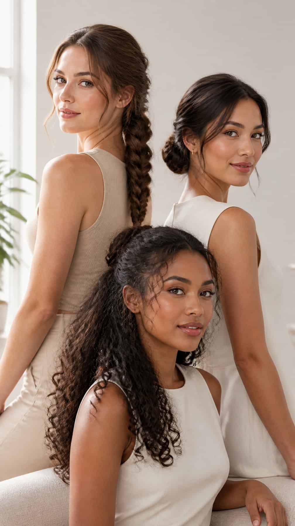 Three women with long hair pose in a bright studio.