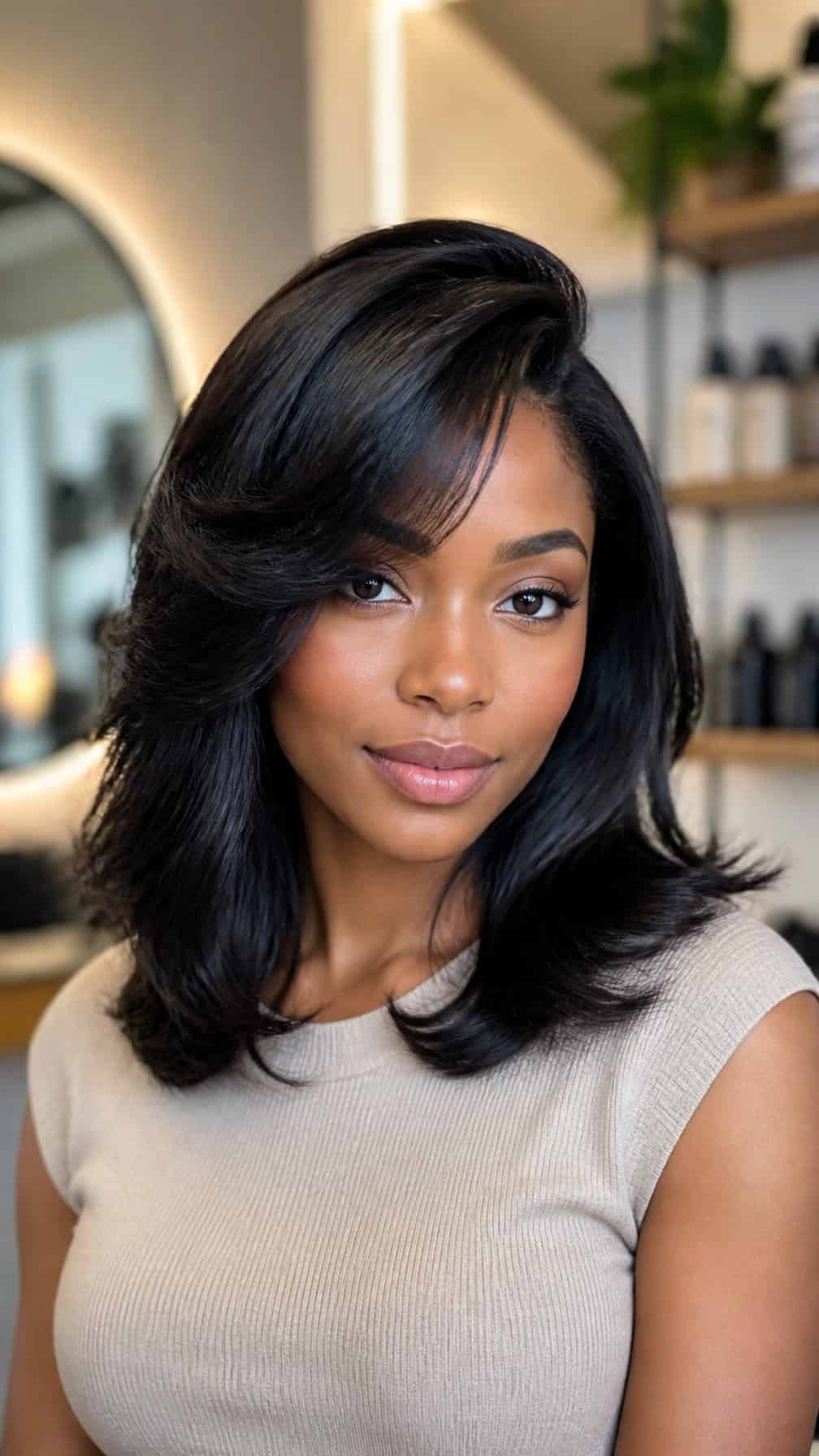 A woman with styled hair poses in a softly lit salon.