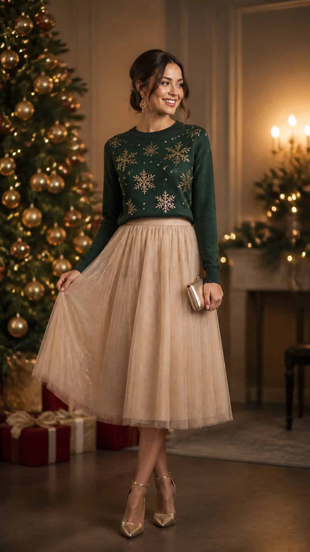 Woman wearing a festive Christmas sweater and tulle skirt at a decorated holiday party.