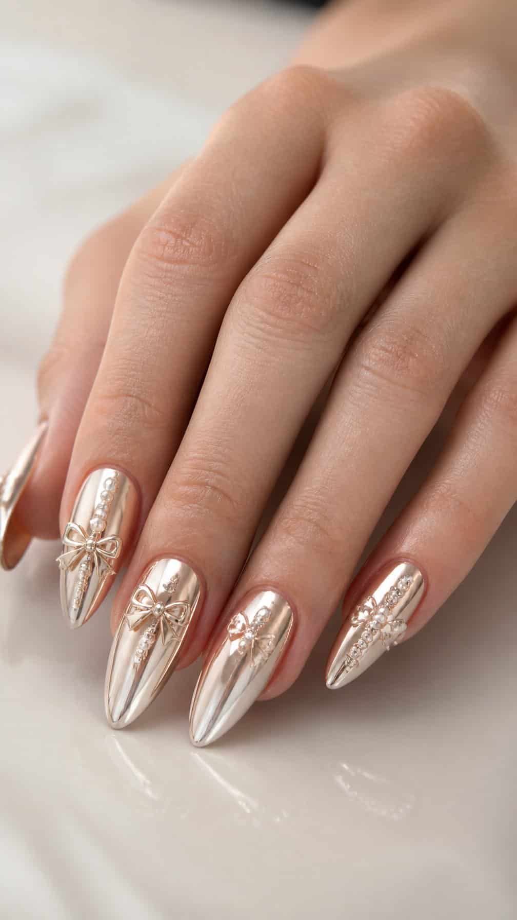 A hand displays long chrome almond-shaped nails decorated with small three-dimensional charms.