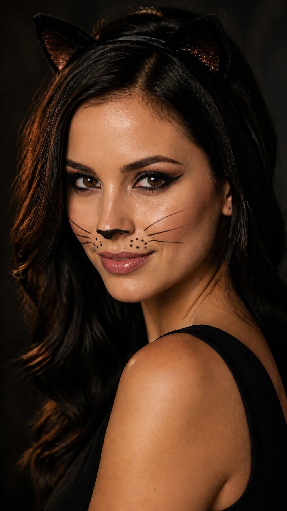 Woman wearing classic black cat makeup with winged eyeliner, a black nose, and whisker lines.