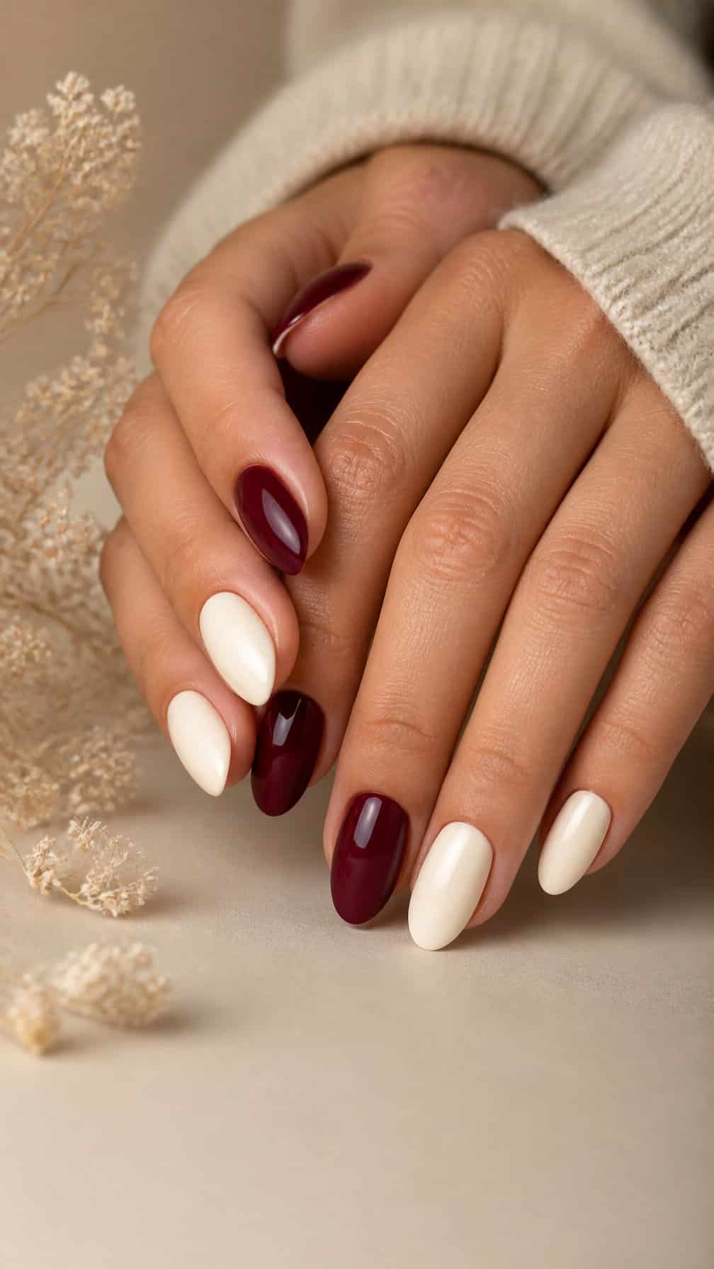 Hands displaying burgundy and cream painted nails on a neutral surface.