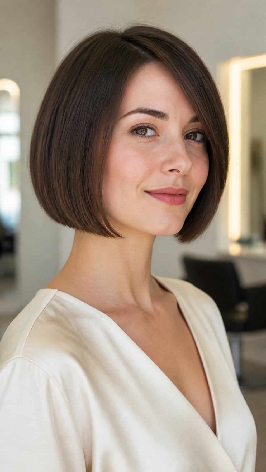 Woman with a sleek chin-length bob haircut posing in a bright studio.