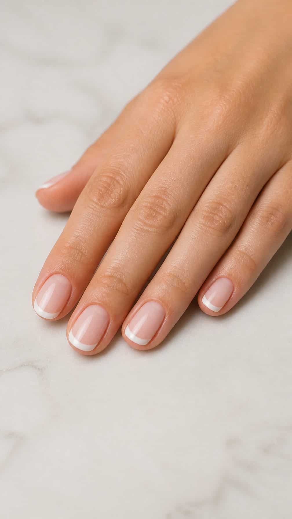 A hand with sheer pink nails and classic white French tips resting on a light surface.
