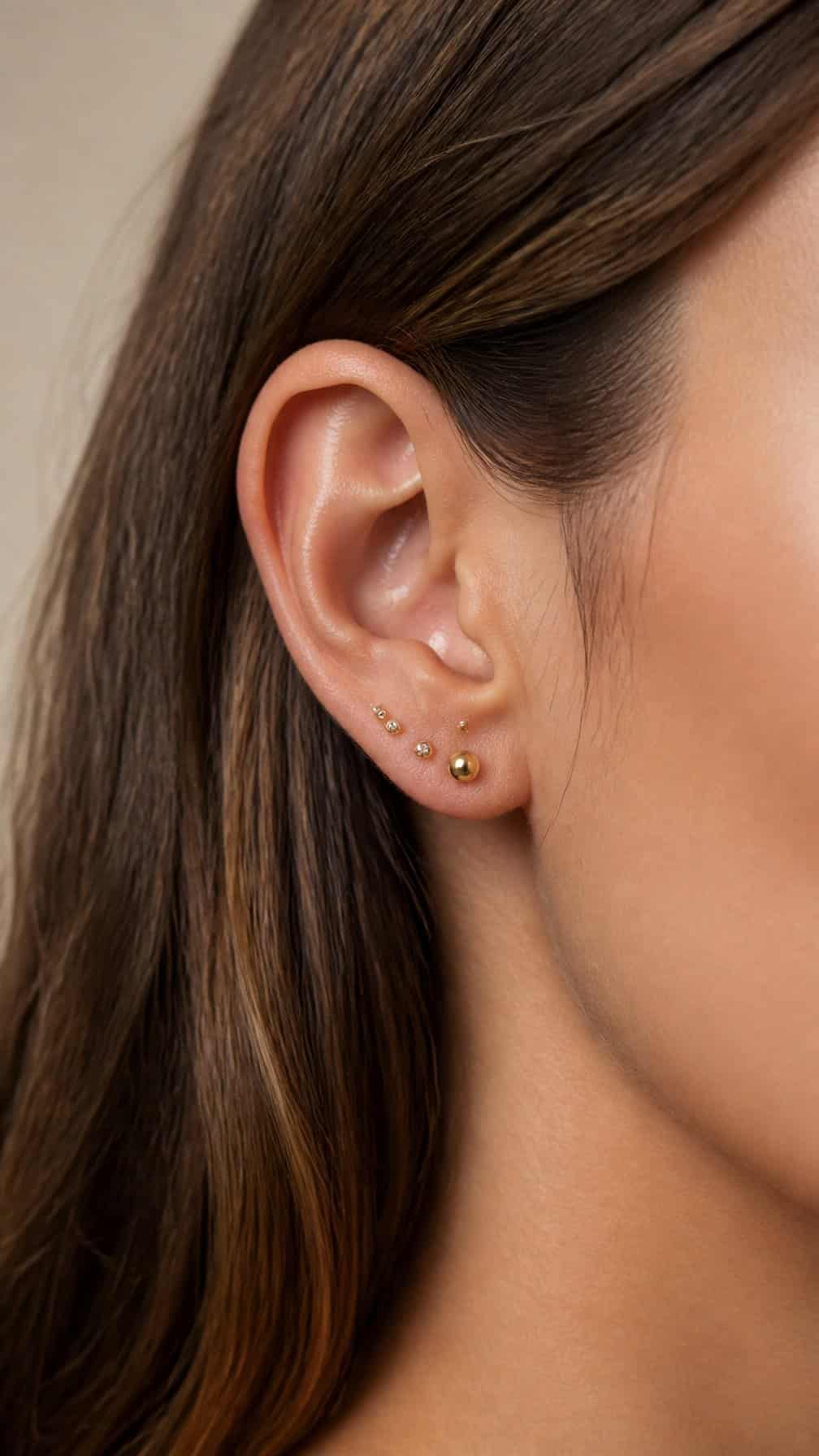 Close-up of an ear with a classic lobe piercing and two stacked lobe earrings.