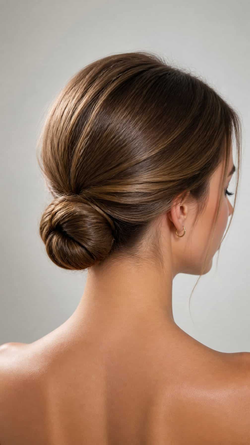 Woman wearing a neat low bun at the nape of her neck.