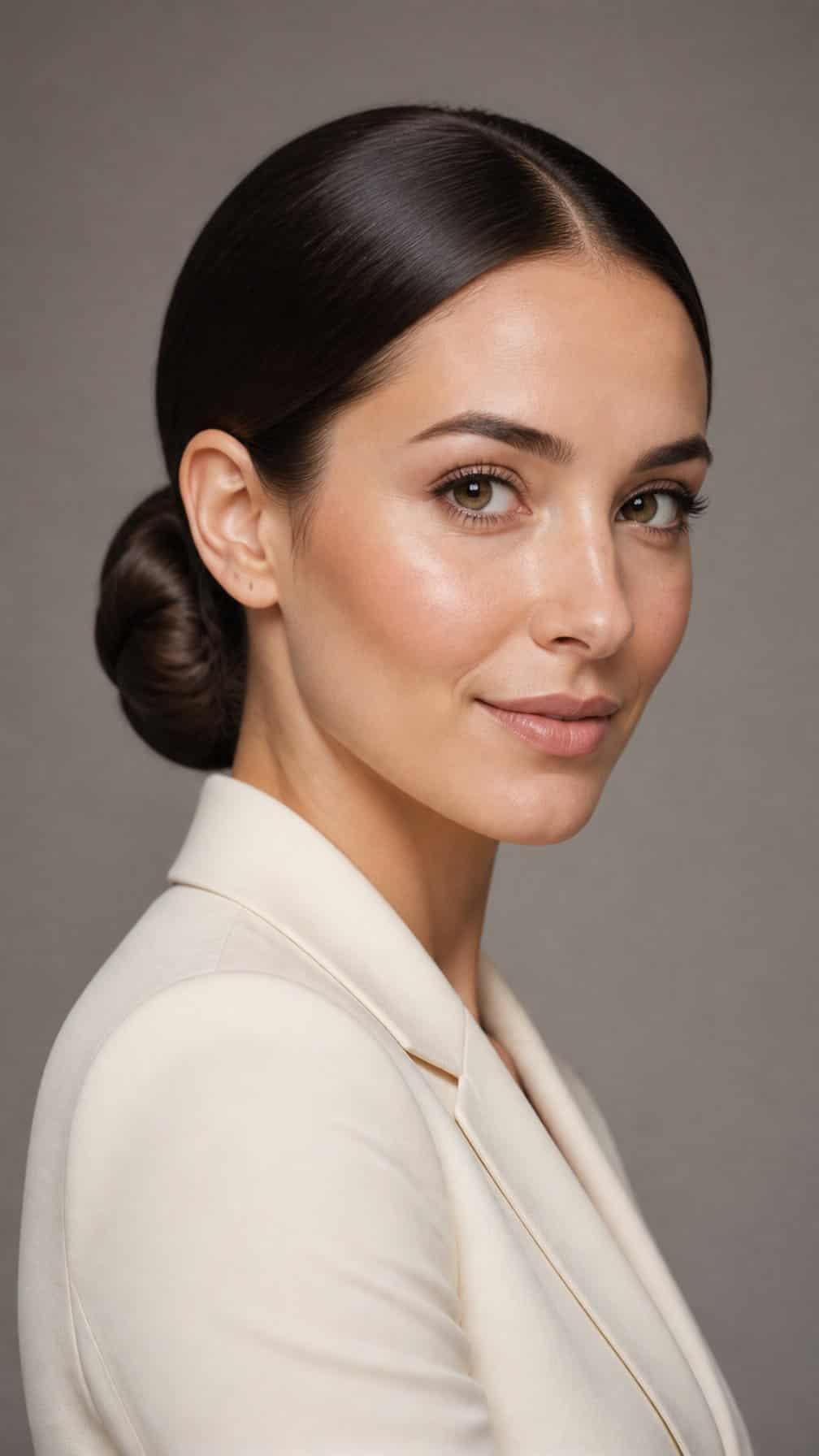 Woman with her hair pulled into a low bun at the back of her neck.