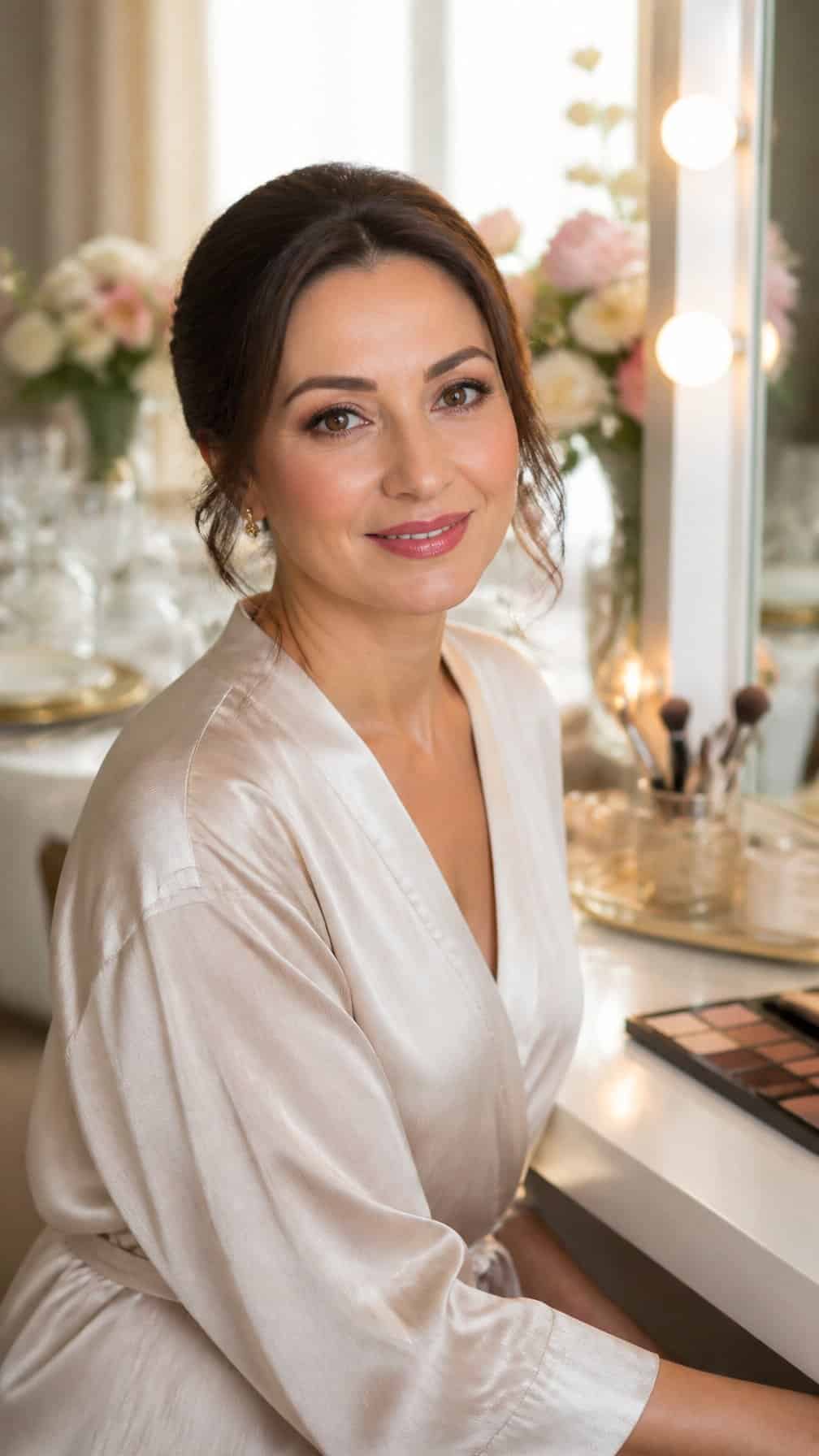 Woman wearing classic makeup while getting ready for a family celebration.
