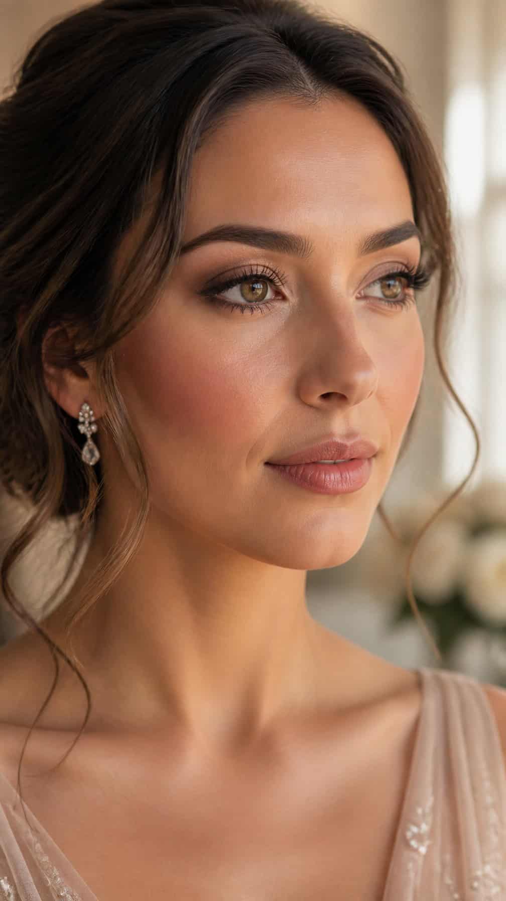 Close-up portrait of a bridesmaid wearing neutral eyeshadow and bold lashes.