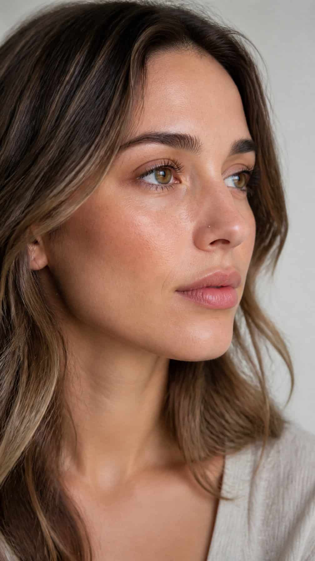 Close-up portrait of a person with a small titanium stud in one nostril.