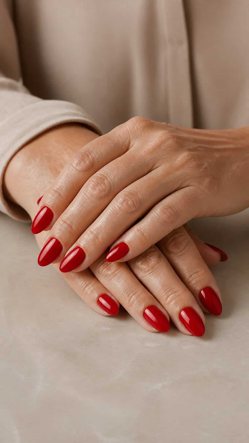 Mature woman’s hands with glossy red almond-shaped nails resting on a neutral surface.