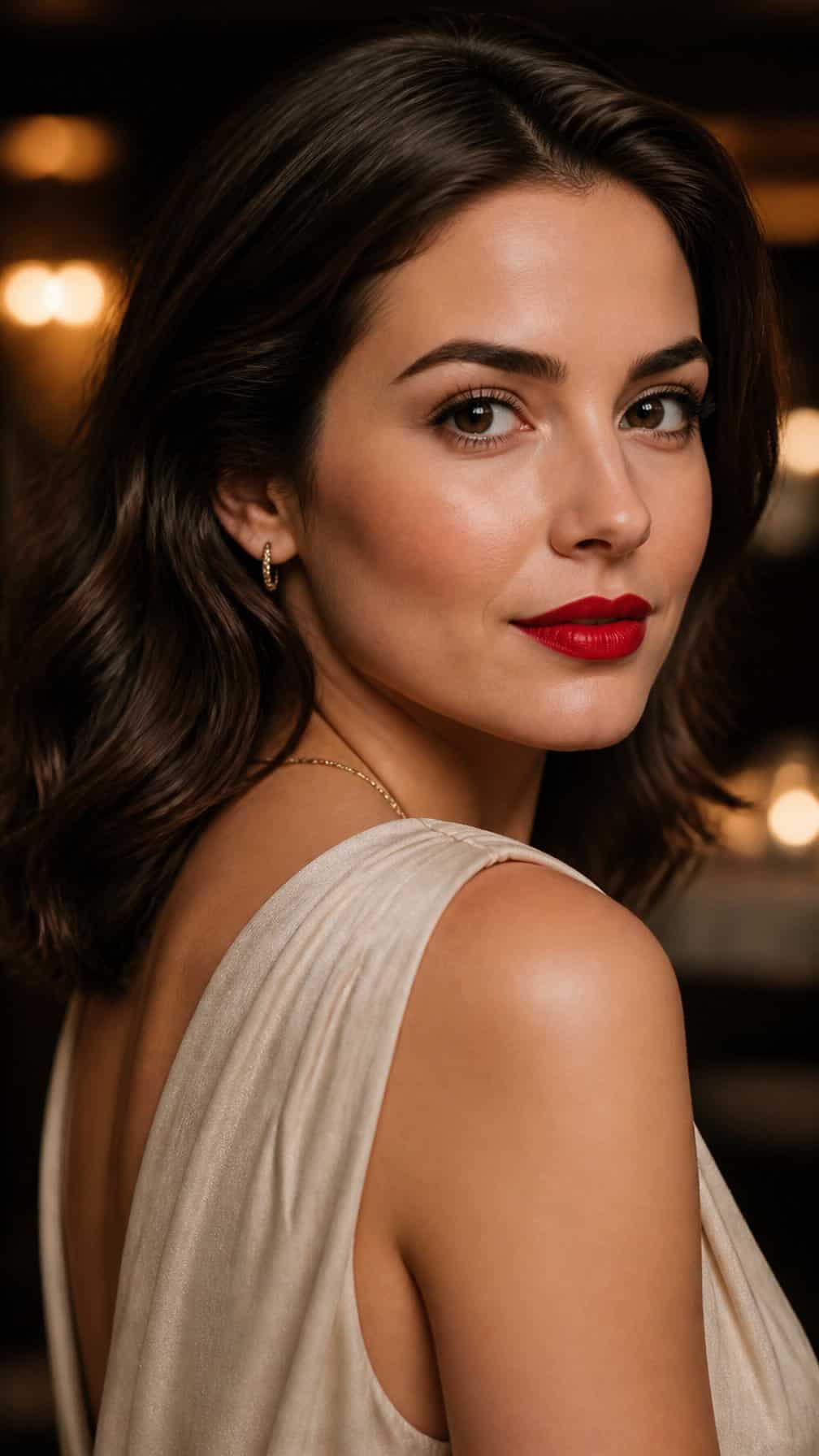 Woman wearing classic red lipstick in an elegant evening setting.