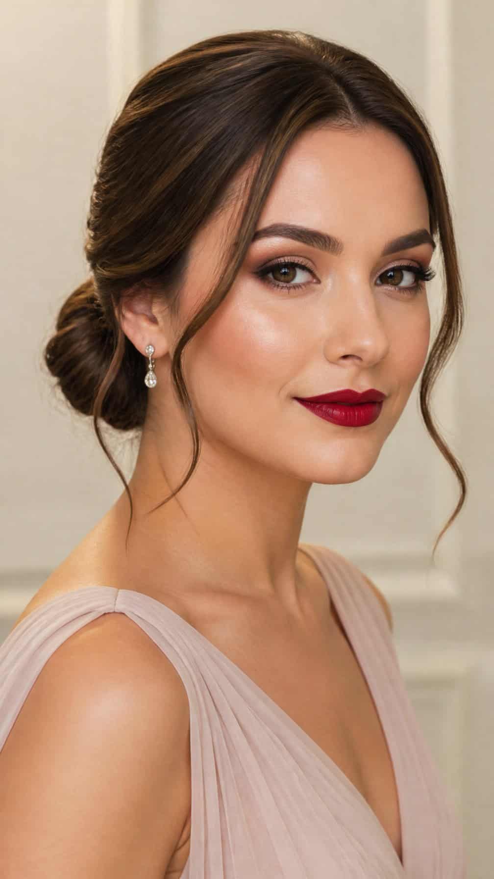 A bridesmaid with neutral eye makeup, a classic red lip, and an elegant updo.