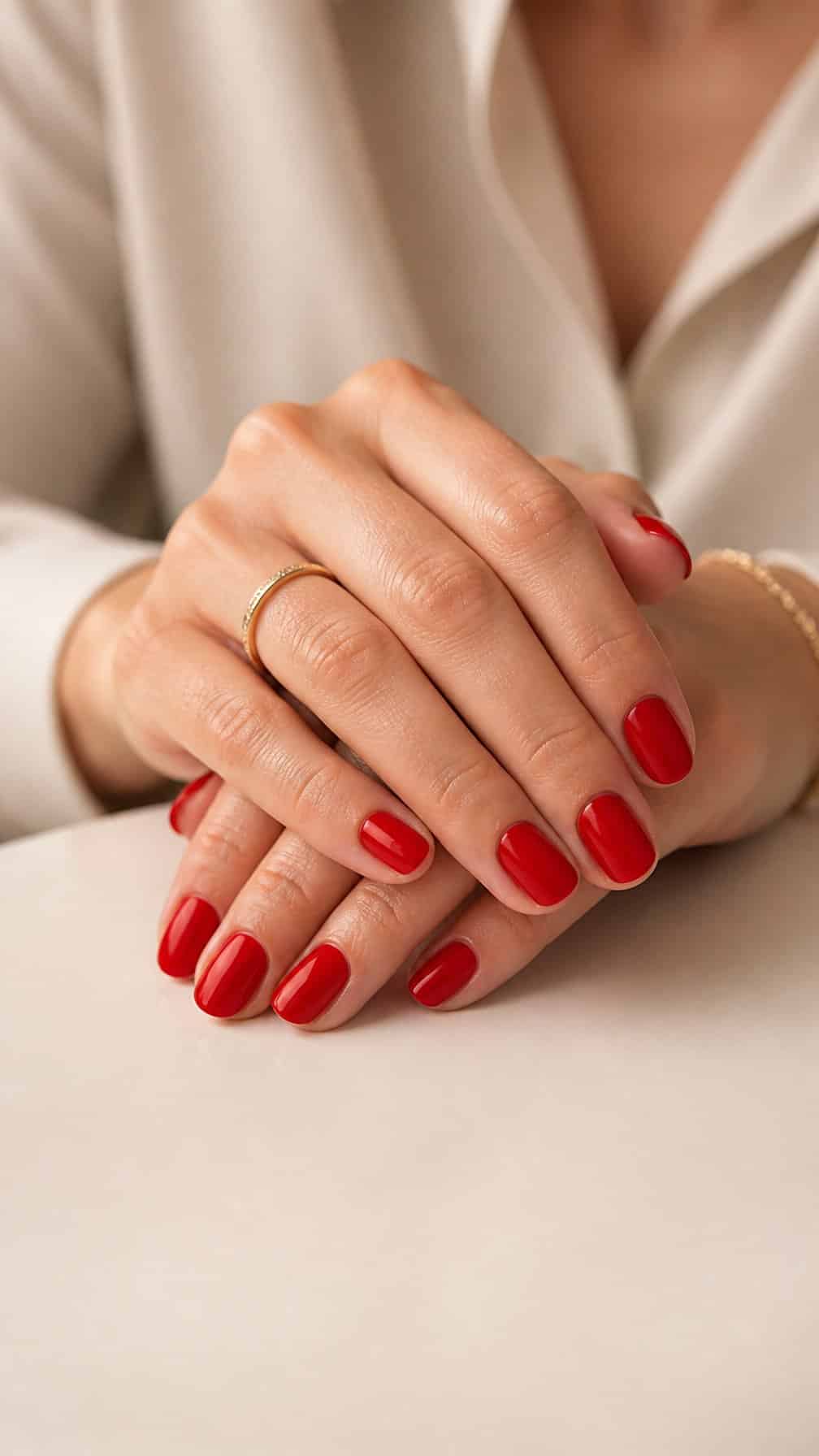 Hands with short, rounded nails painted glossy classic red polish resting on a neutral surface.