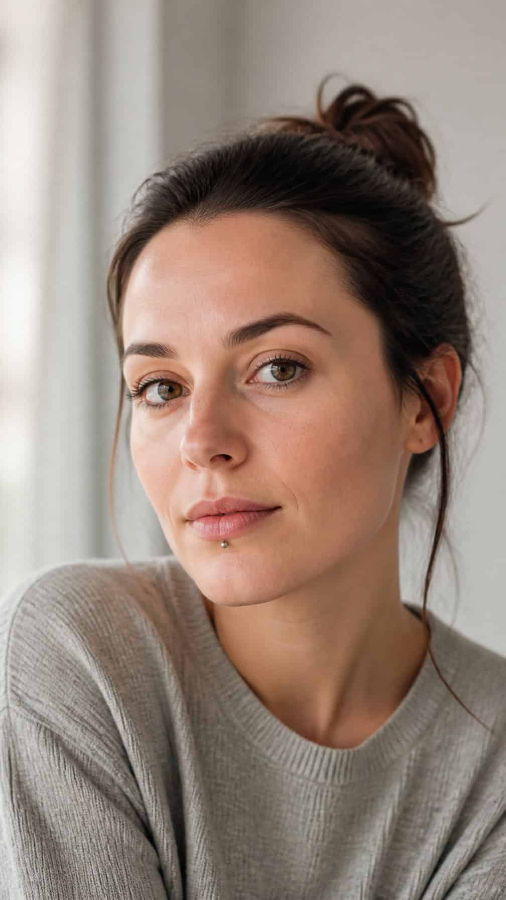 Adult person wearing a single small stud beneath the lower lip.