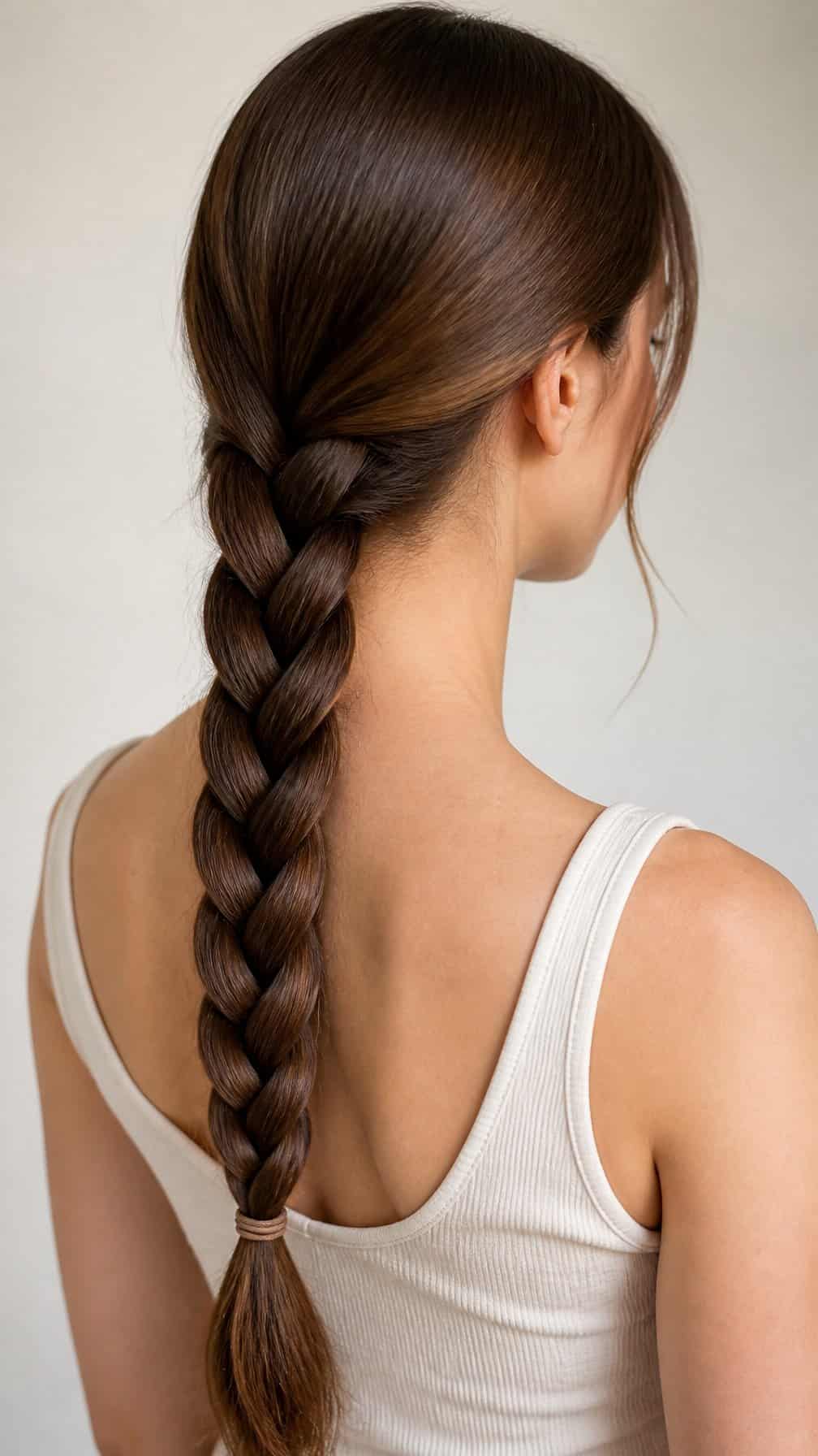 Back view of a woman with long hair arranged in a single three-strand braid.