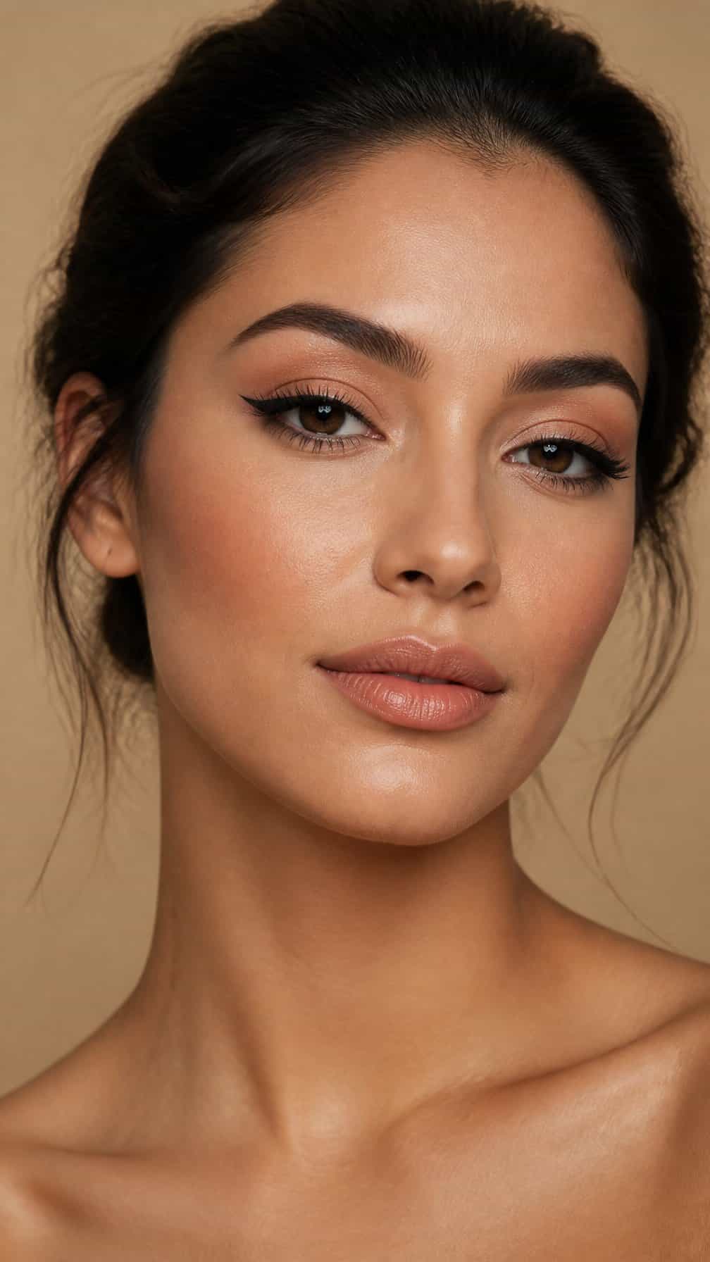 Close-up portrait of a woman wearing winged eyeliner, neutral eyeshadow, and nude lipstick.