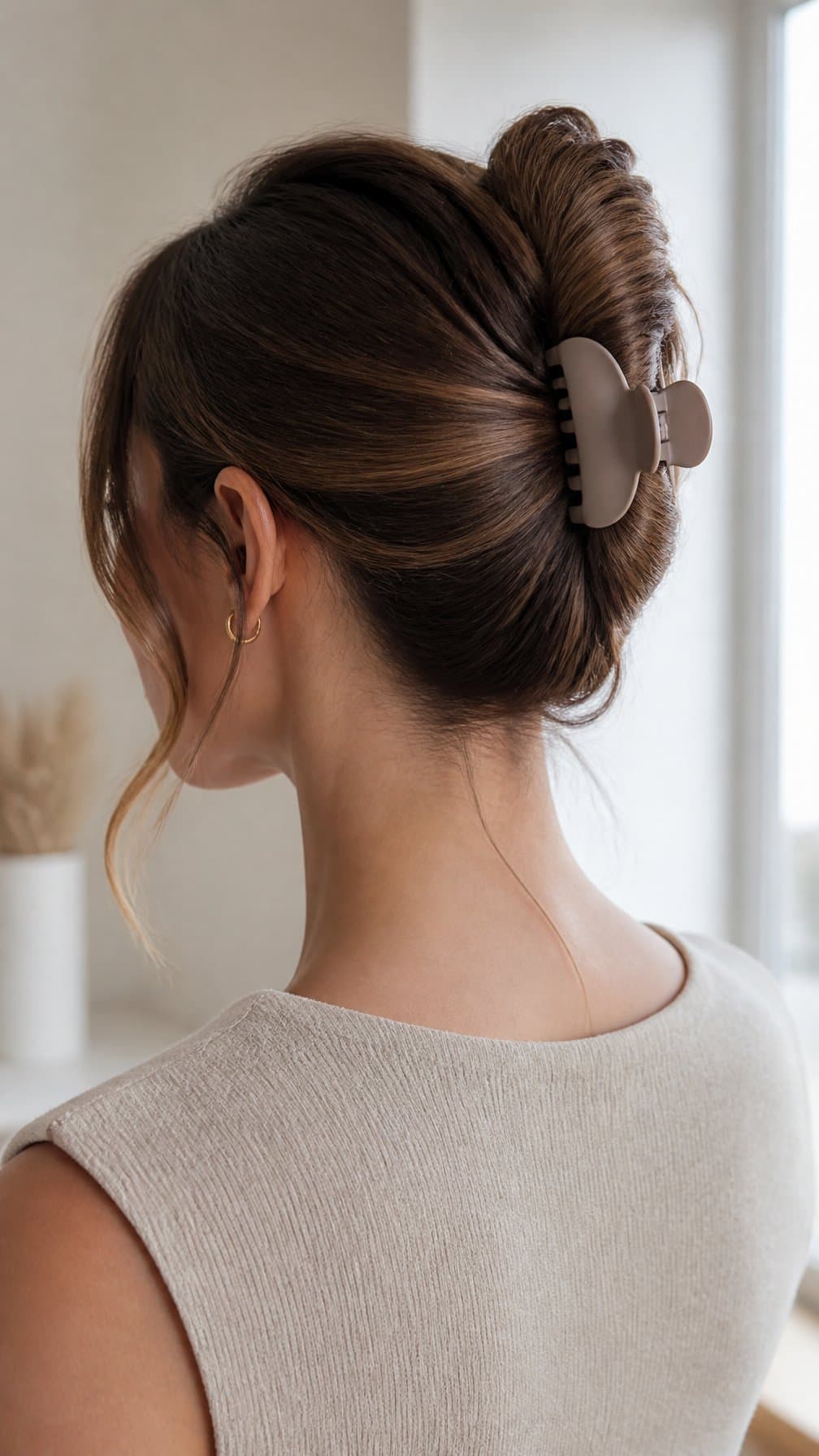 Woman showing a long-hair French twist secured with a claw clip.