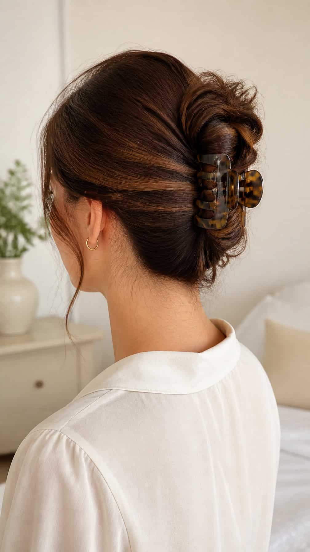 Woman viewed from behind wearing a French twist secured with a claw clip.