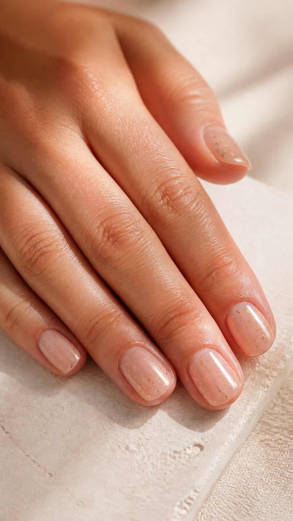 A hand with short natural nails coated in clear gloss and delicate gold flecks rests on a neutral surface.