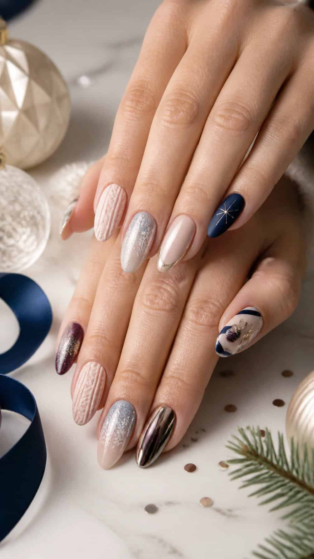 A close-up display of hands featuring varied festive Christmas nail designs in elegant nontraditional colors.