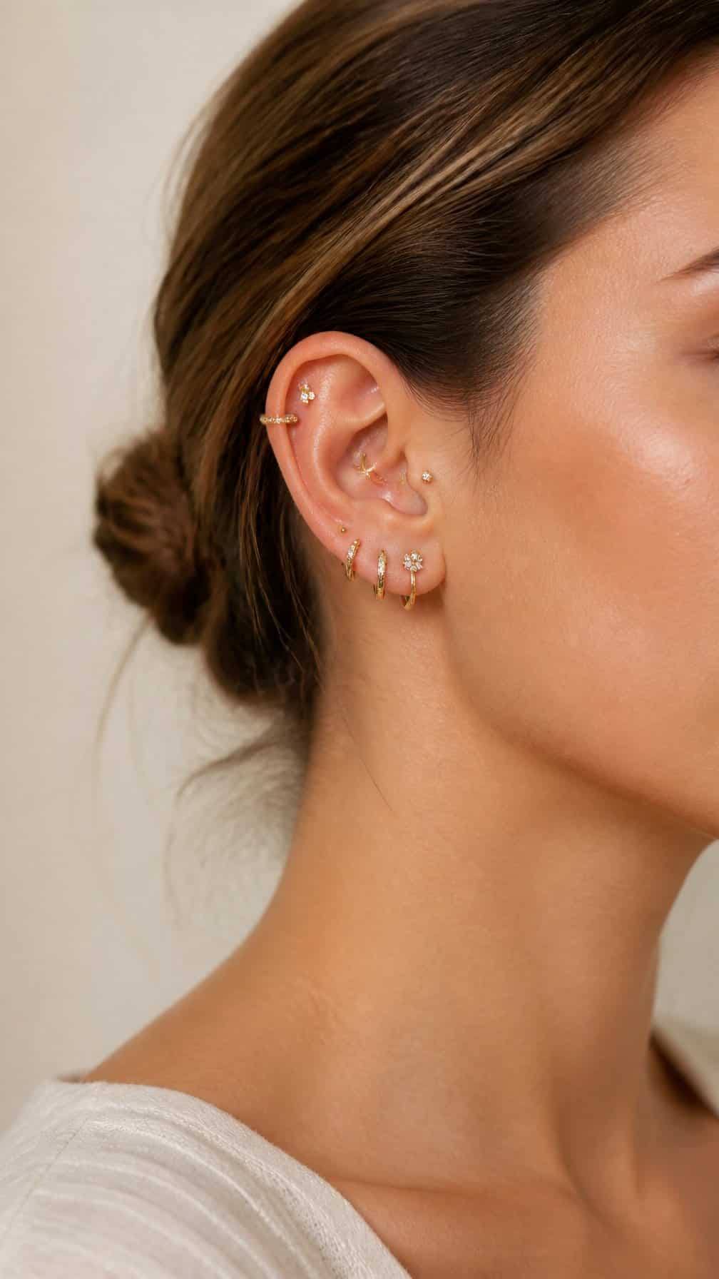 Close-up of an ear displaying several coordinated gold piercings.