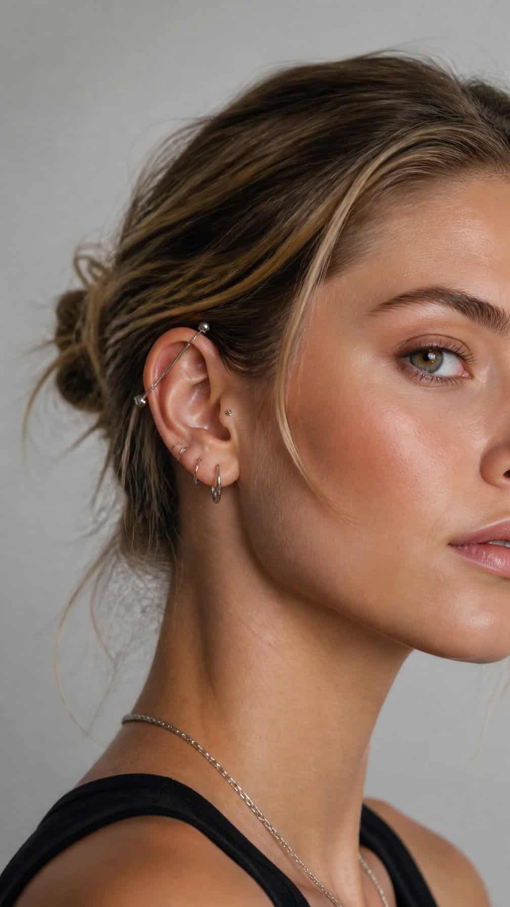 Close-up portrait showing a person with a coordinated industrial ear piercing and subtle additional earrings.