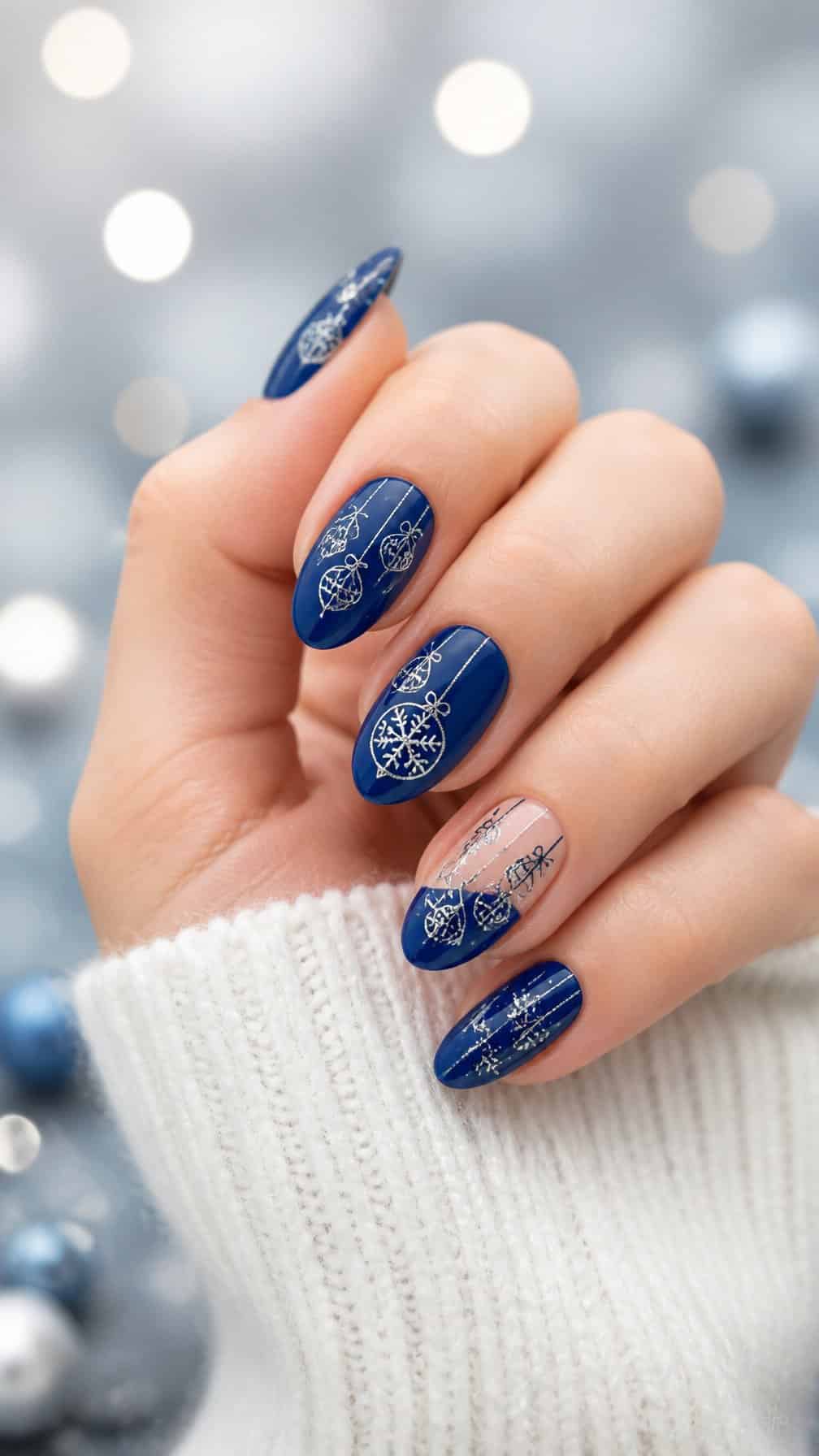 A hand with glossy cobalt blue nails decorated with silver and white Christmas ornament designs.