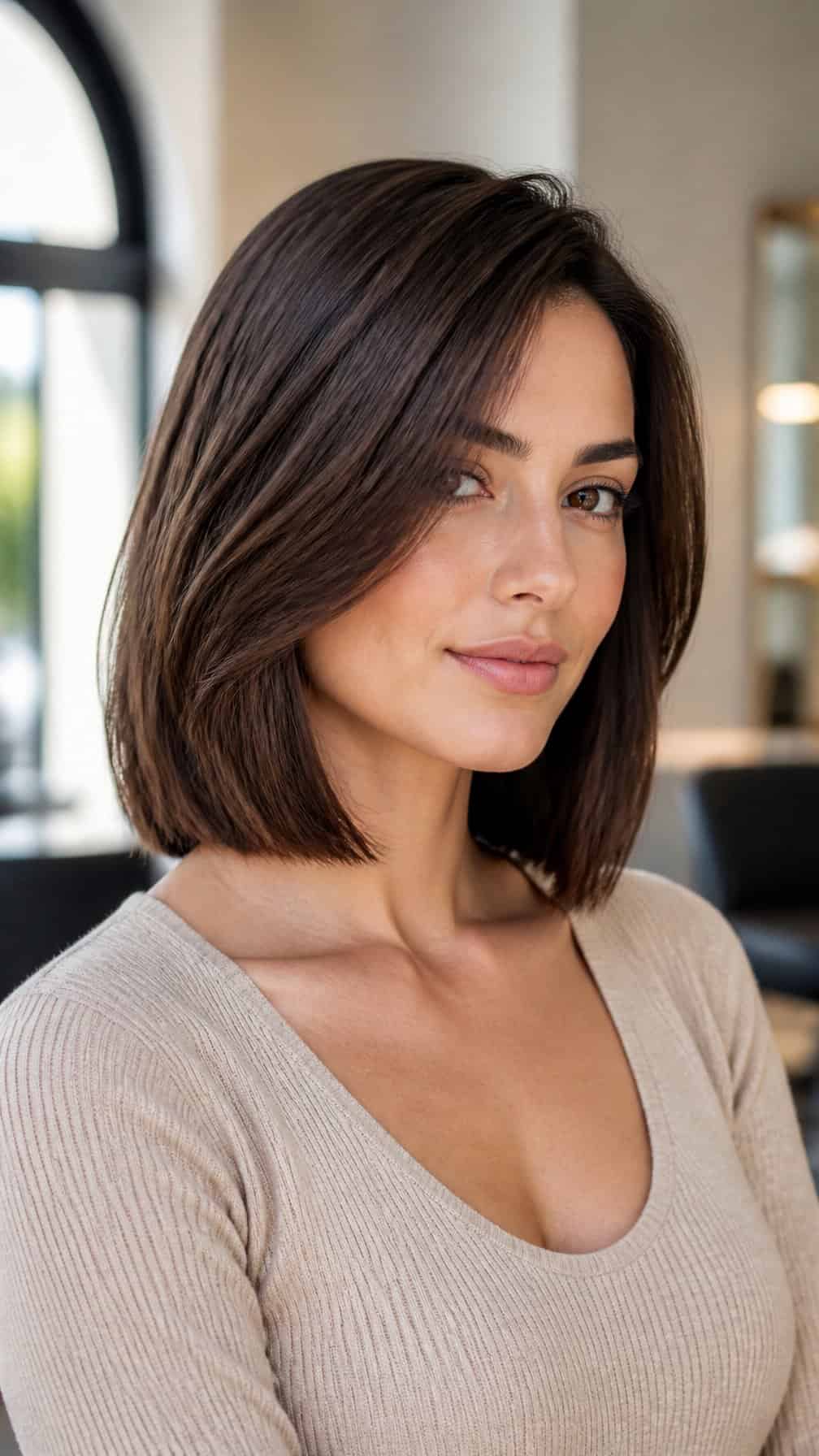 A woman with a collarbone-length bob haircut poses in a softly lit setting.