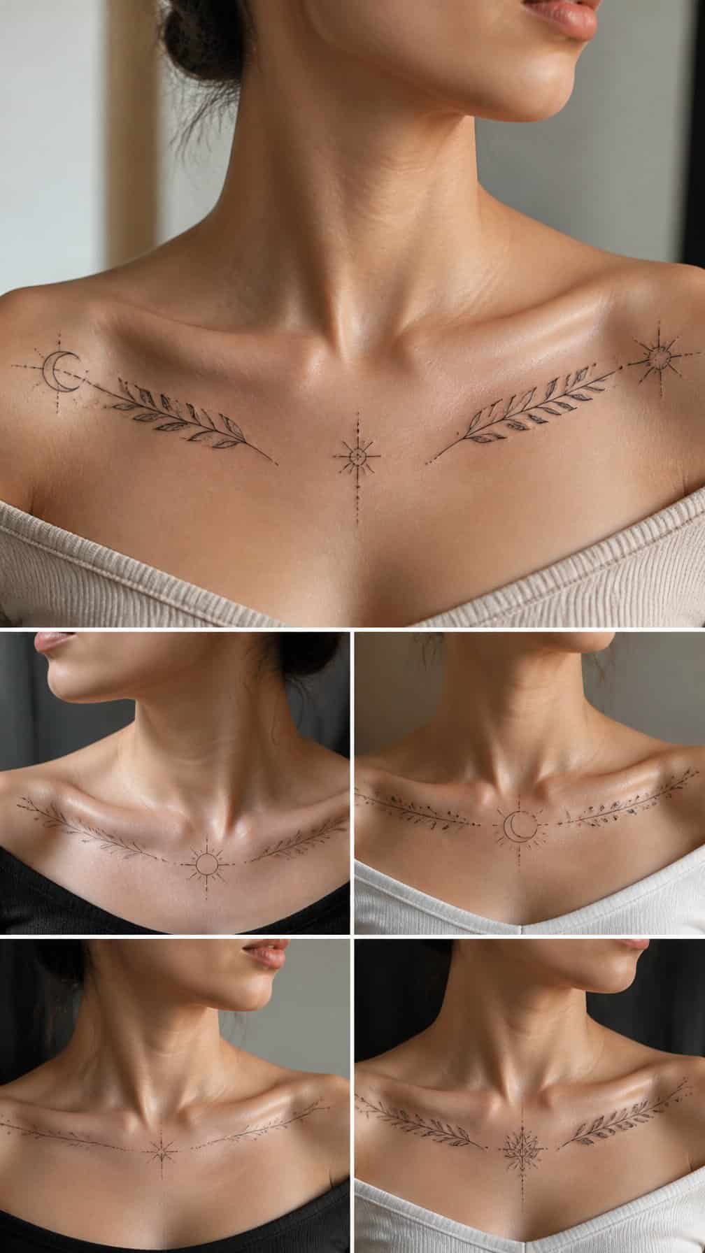 Close-up of a person showing several delicate tattoos arranged along both collarbones.