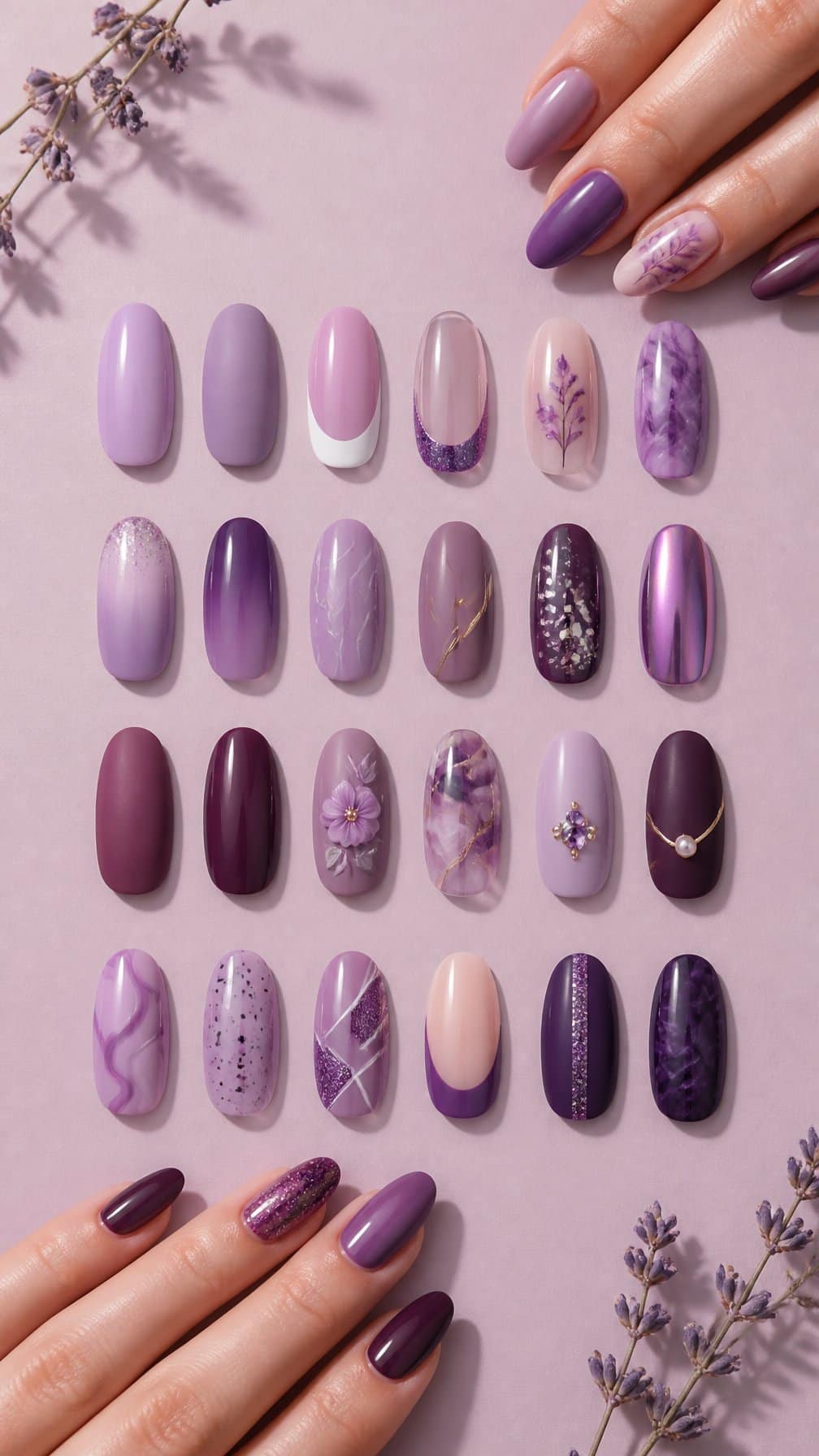A collection of 24 purple nail designs arranged in shades from light lilac to deep plum.