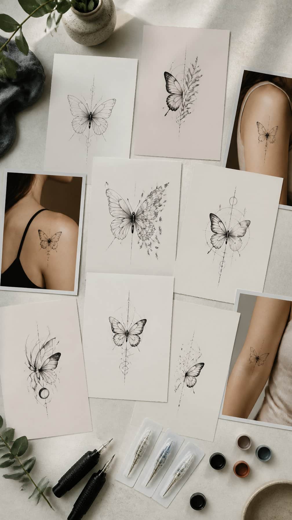 A collection of distinctive butterfly tattoo designs arranged on sheets and skin-placement mockups in a bright tattoo studio.