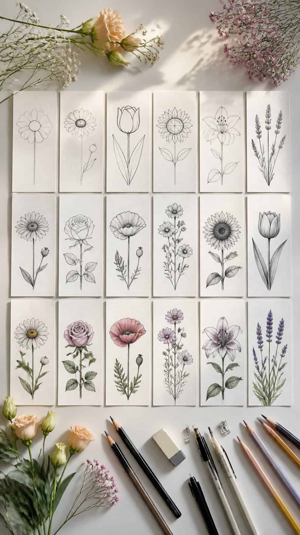 A collection of flower drawings arranged from simple sketches to detailed botanical studies on an artist’s workspace.