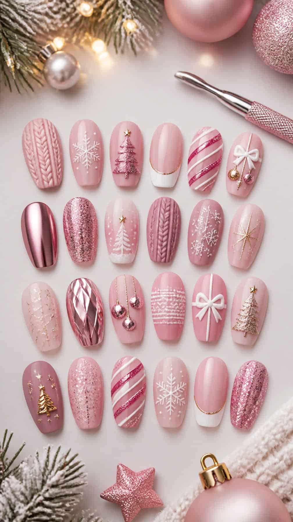 A collection of pink Christmas nail designs arranged with subtle holiday decorations.