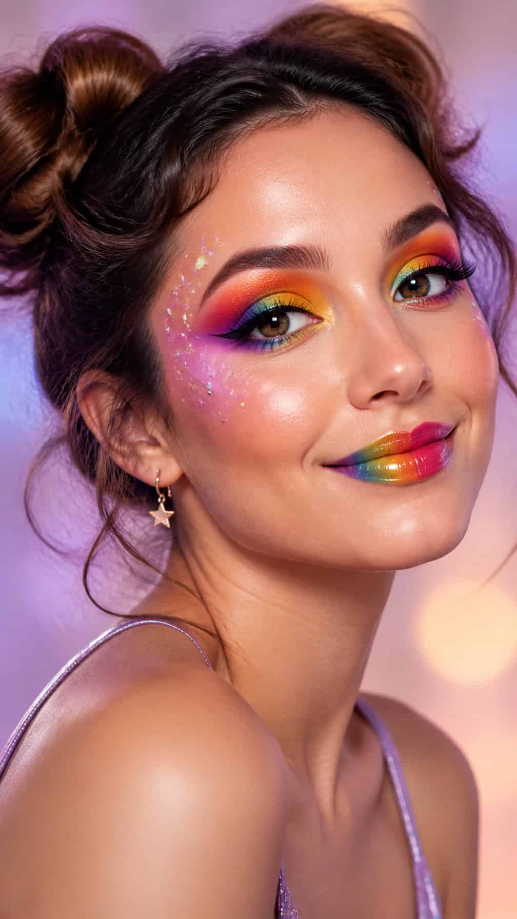 A smiling person wearing vivid rainbow eye makeup with small star accents.