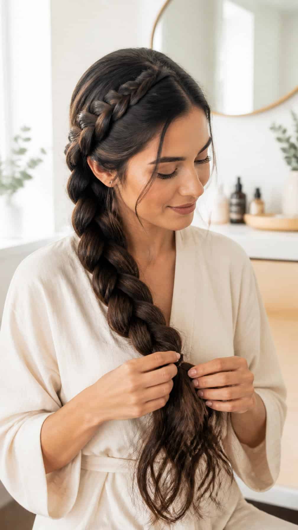 Woman gently loosening a long braid in a bright, comfortable setting.