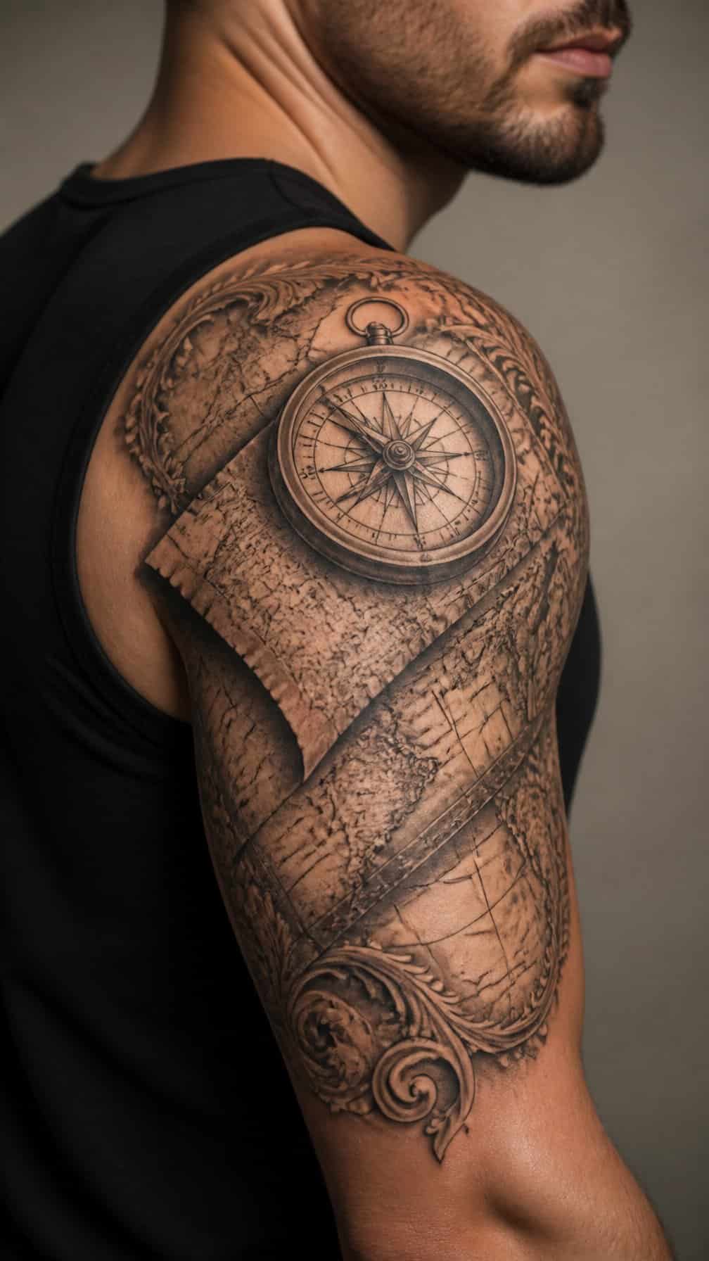 A person with a compass and map tattoo wrapping around the shoulder and upper arm.
