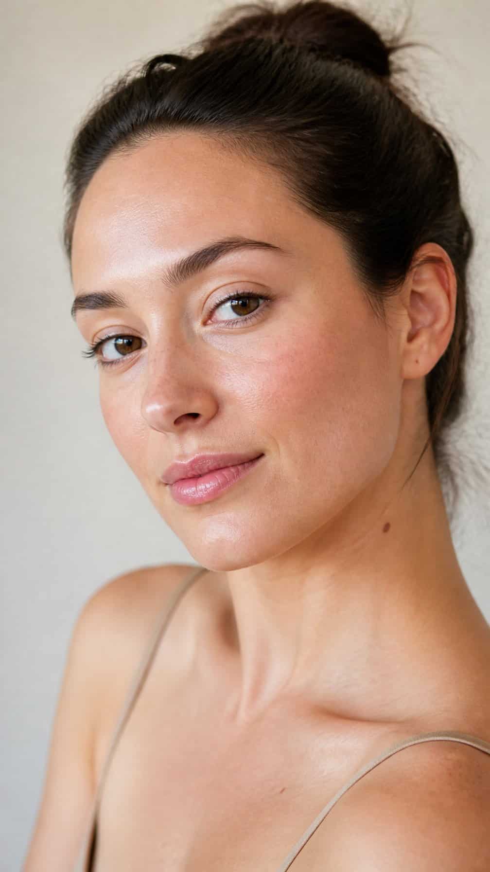 Woman wearing minimal makeup with peach blush and a natural complexion.