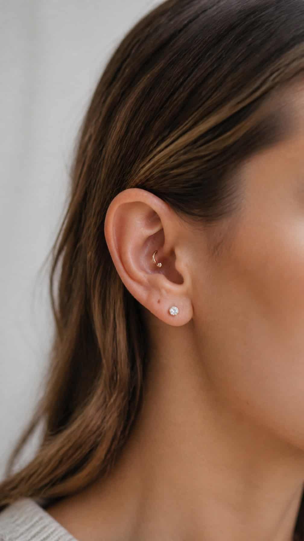 Close-up of an adult’s ear with an elegant conch piercing and a small lobe stud.