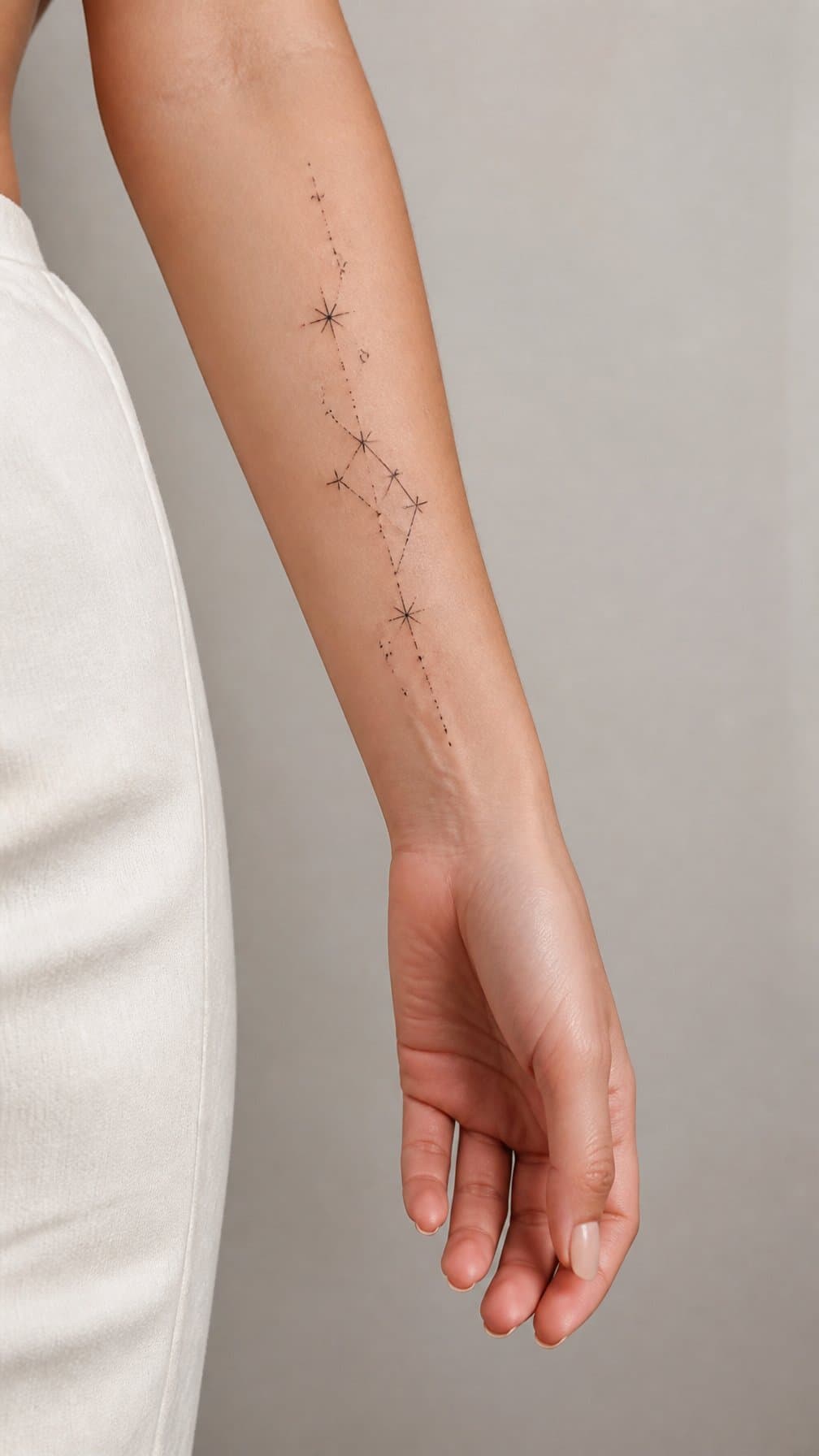 A woman’s forearm with a delicate constellation tattoo resting against a neutral background.
