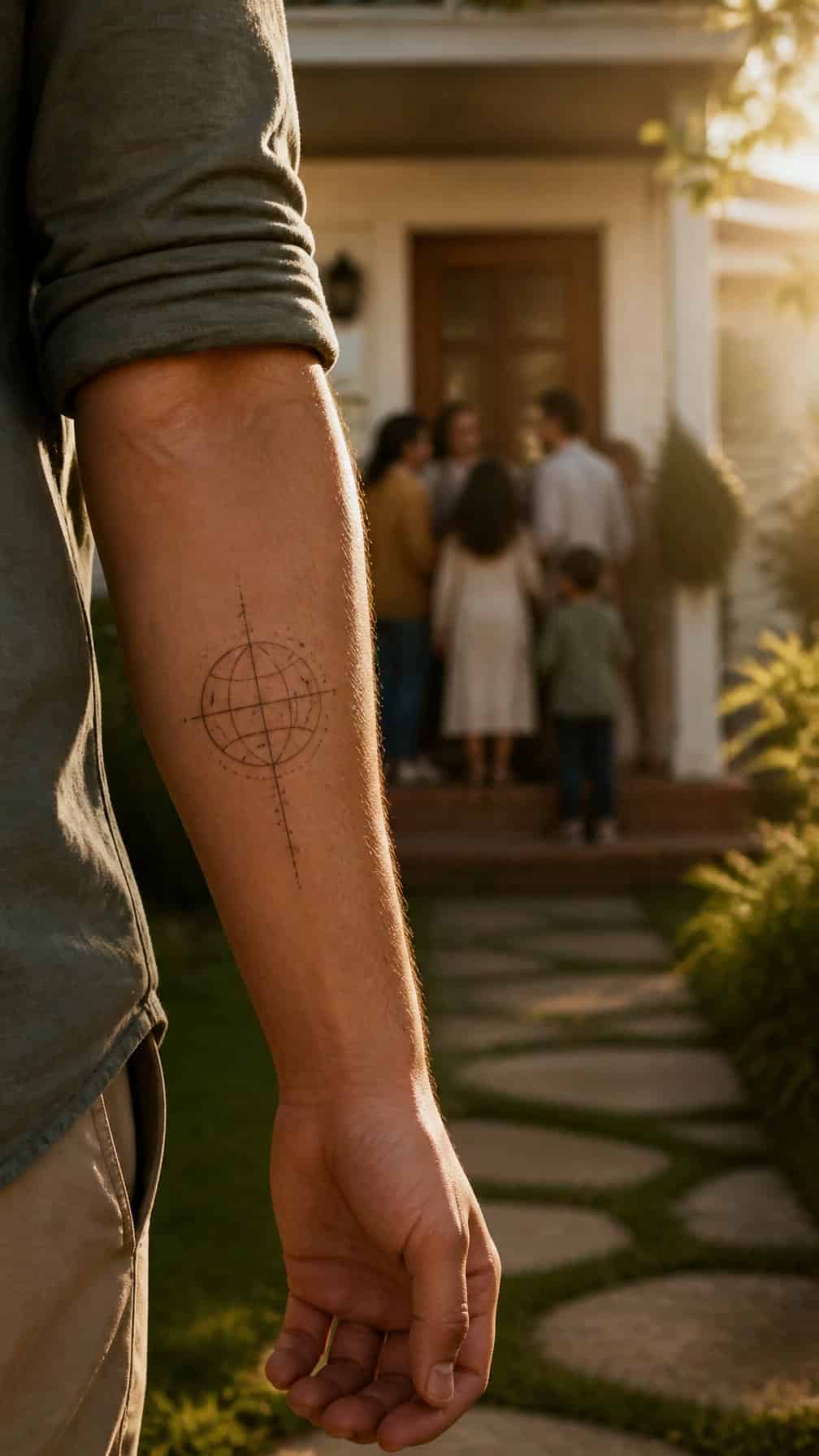 A family member shows a minimalist coordinate-inspired tattoo while relatives gather near their home.