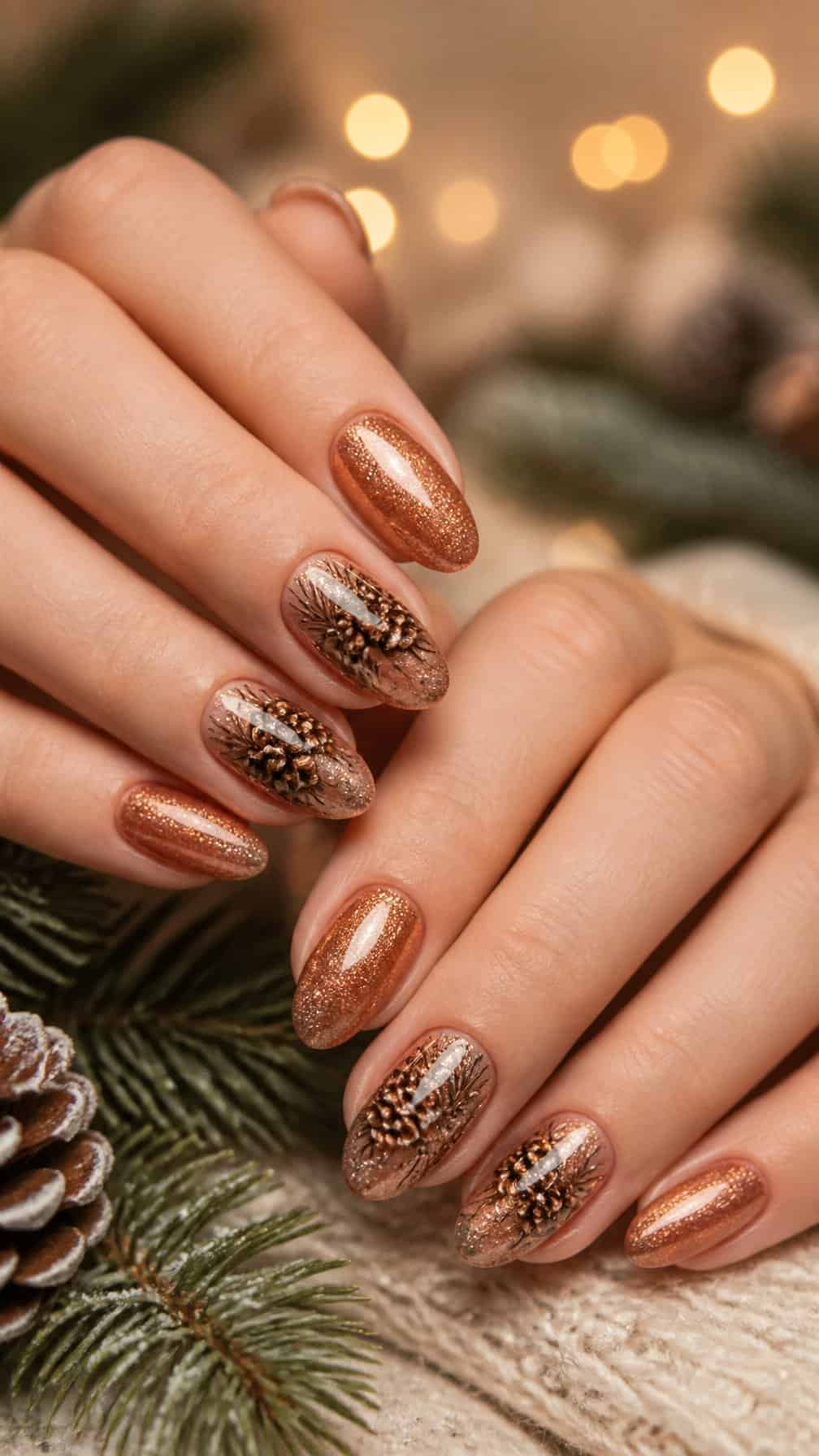 Close-up of hands with copper glitter nails decorated with delicate pinecone designs.