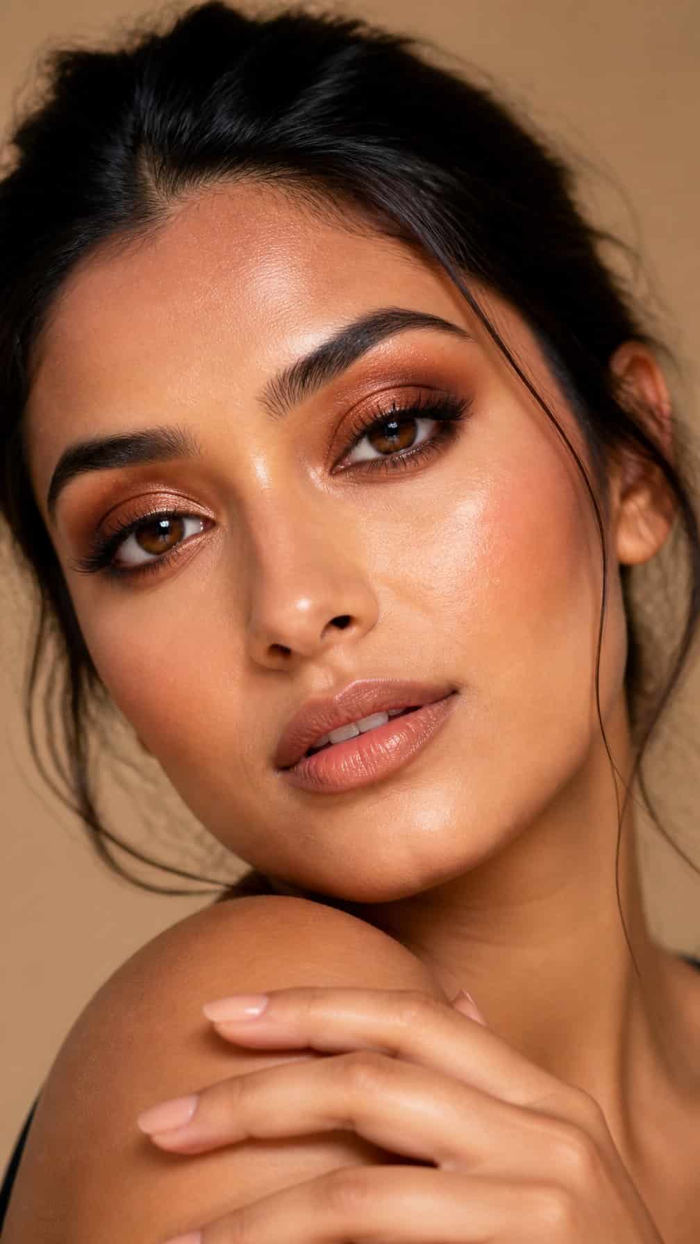 Close-up portrait of a woman wearing copper smokey eye makeup.